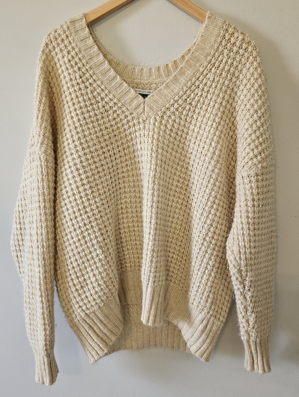 American Eagle Outfitters Oversized Cream V-Neck Waffle Knit Sweater